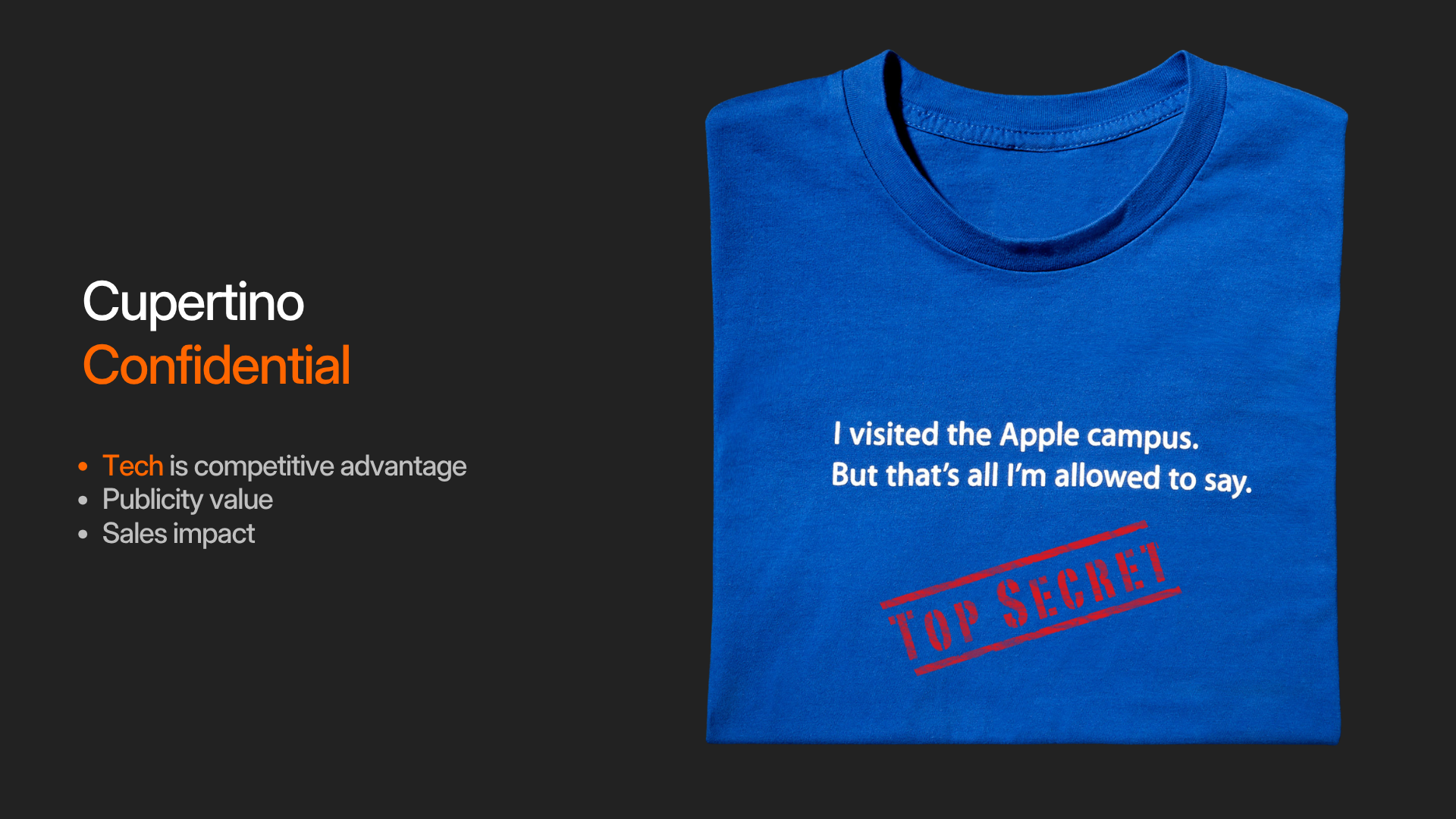 Cupertino Confidential shirt representing Apple's culture of secrecy
